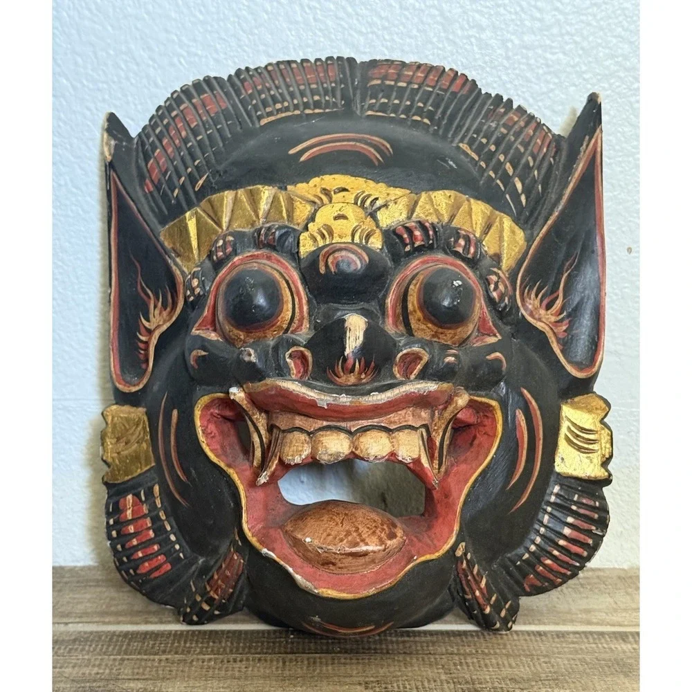 Balinese Barong Mask Mythical Wood Tribal Indonesia Folk Art Wall Decor Carved